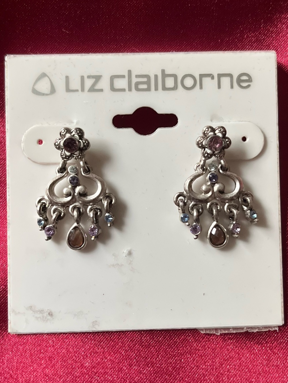 Liz Claiborne Silver-Tone Chandelier Earrings with Pink, Blue, Purple Accents
